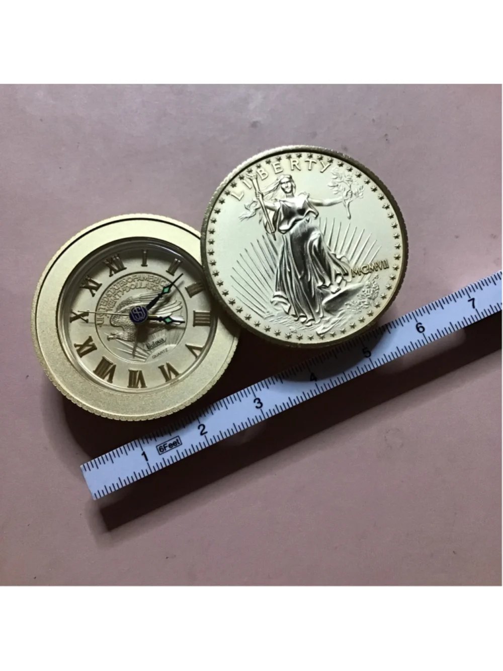 Liberty Gold Coin Design Quartz Alarm Clock Glow in the Dark